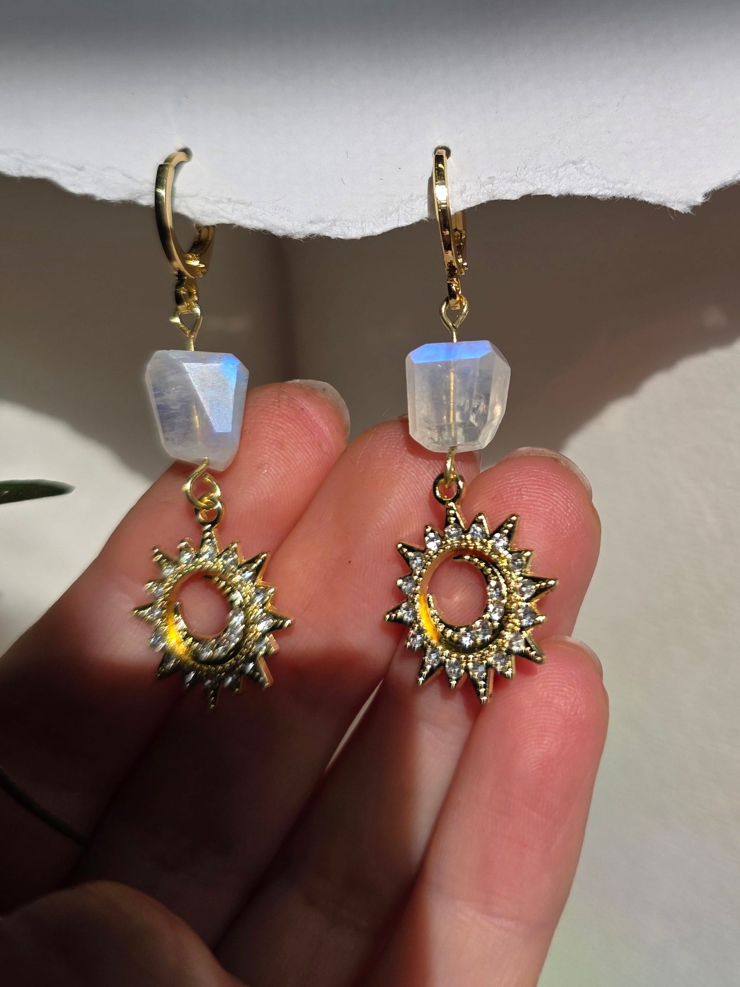 Moonstone Sun & Moon Huggie Earrings