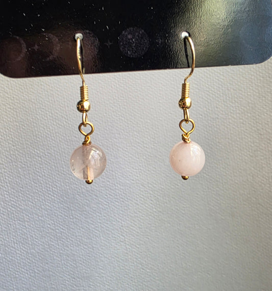 Rose Quartz Single Bead Dangle Earrings — 14k Gold Plated