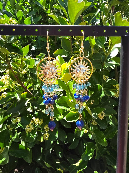 Celestial Blue Lapis Lazuli Ring Dangle Earrings with Sun