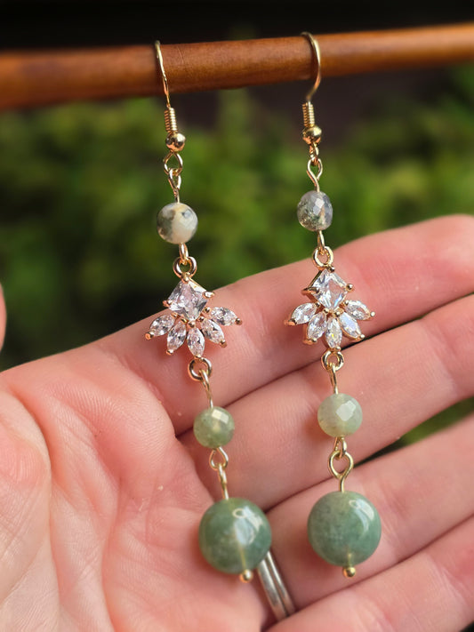 Moss Agate Flower CZ crystal Dangles