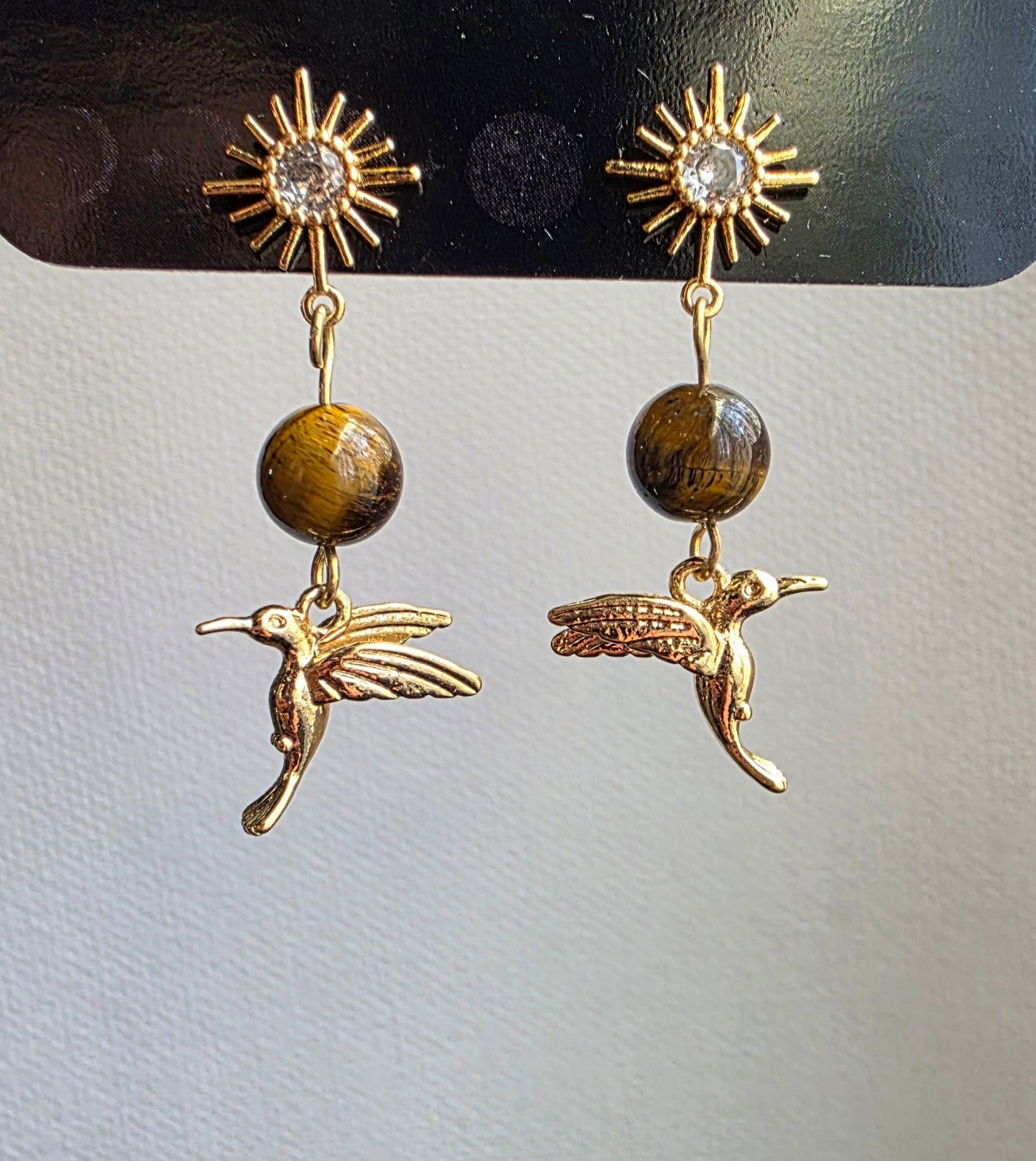 Tiger’s Eye Sun &amp; Hummingbird Dangle Earrings — Gold