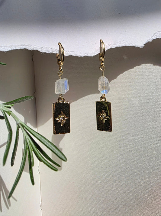 Moonstone Huggies with Star Card Charm