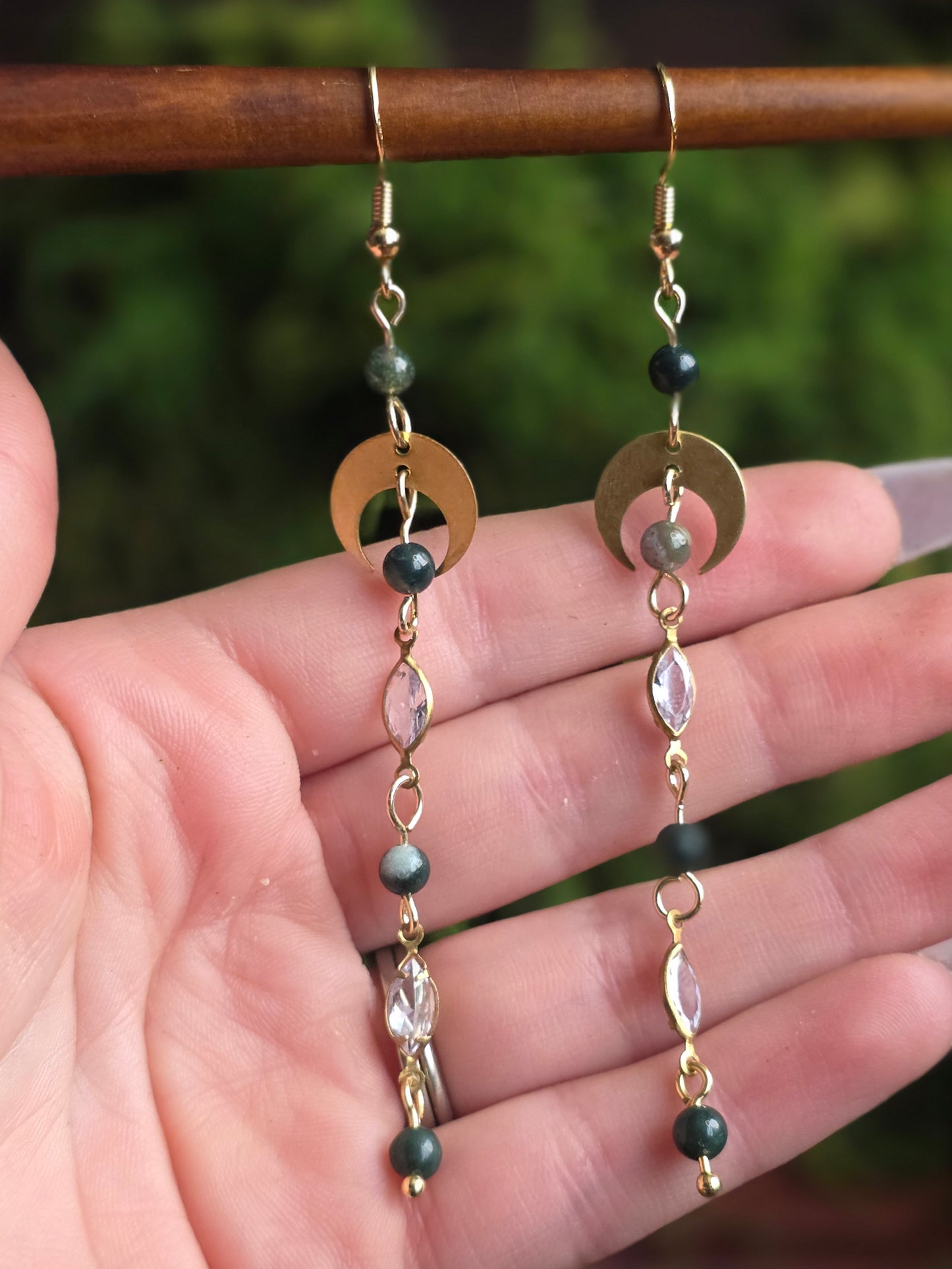 Moss Agate Long Dangles CZ Marquise With Small Gold Moons