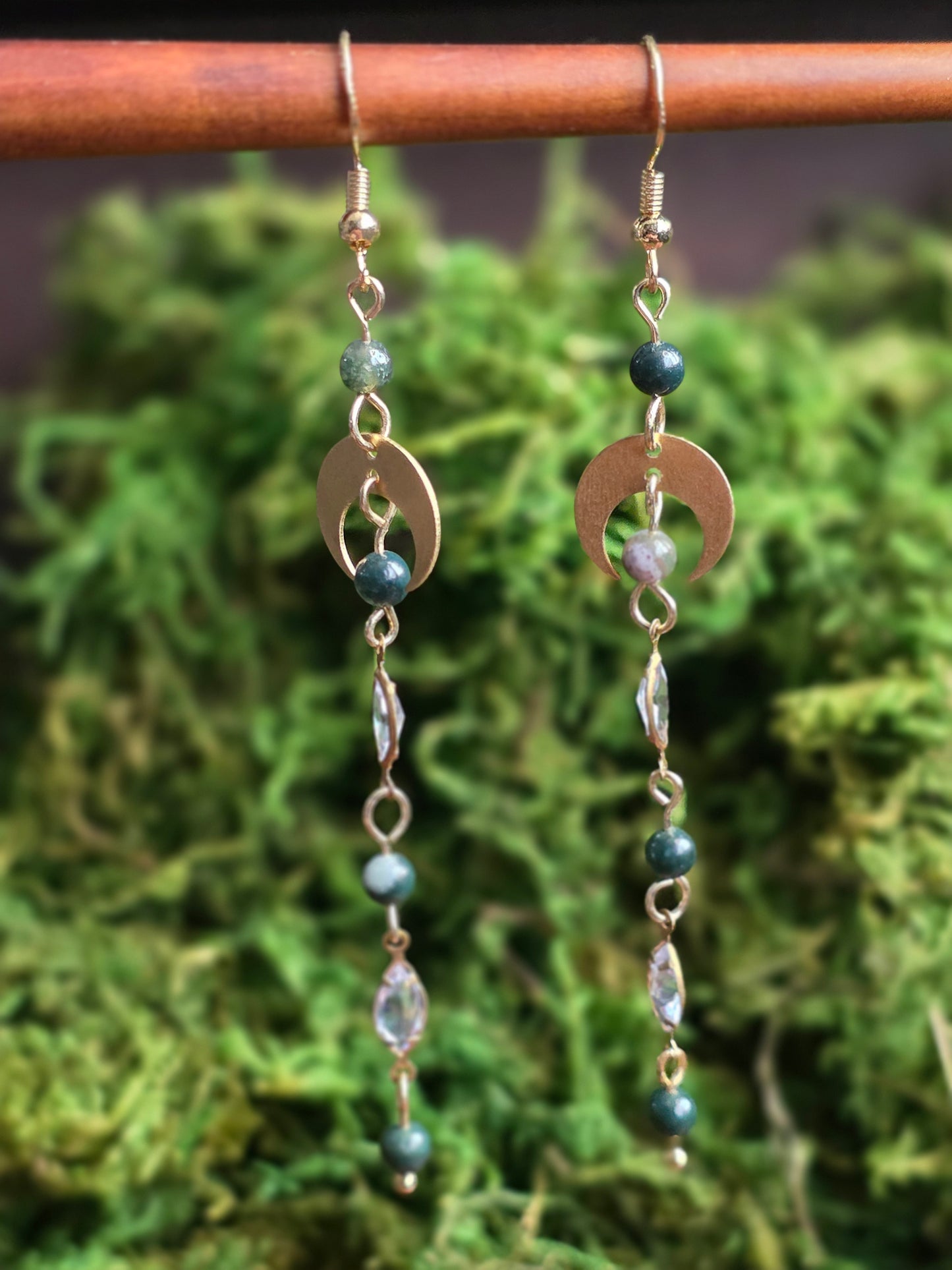 Moss Agate Long Dangles CZ Marquise With Small Gold Moons