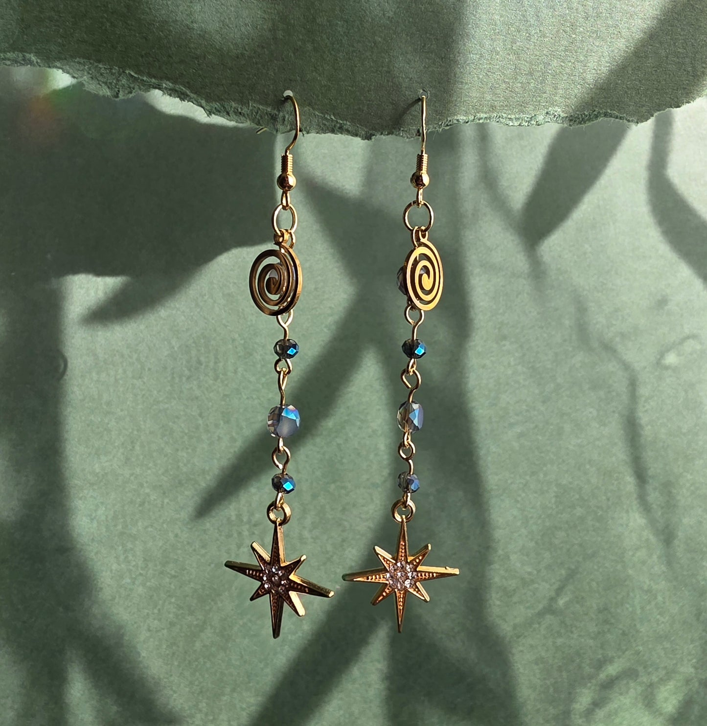 Glass Crystal Spiral Mushroom Dream Celestial with Gold Dangle Earrings