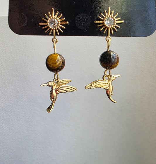 Tiger’s Eye Sun &amp; Hummingbird Dangle Earrings — Gold