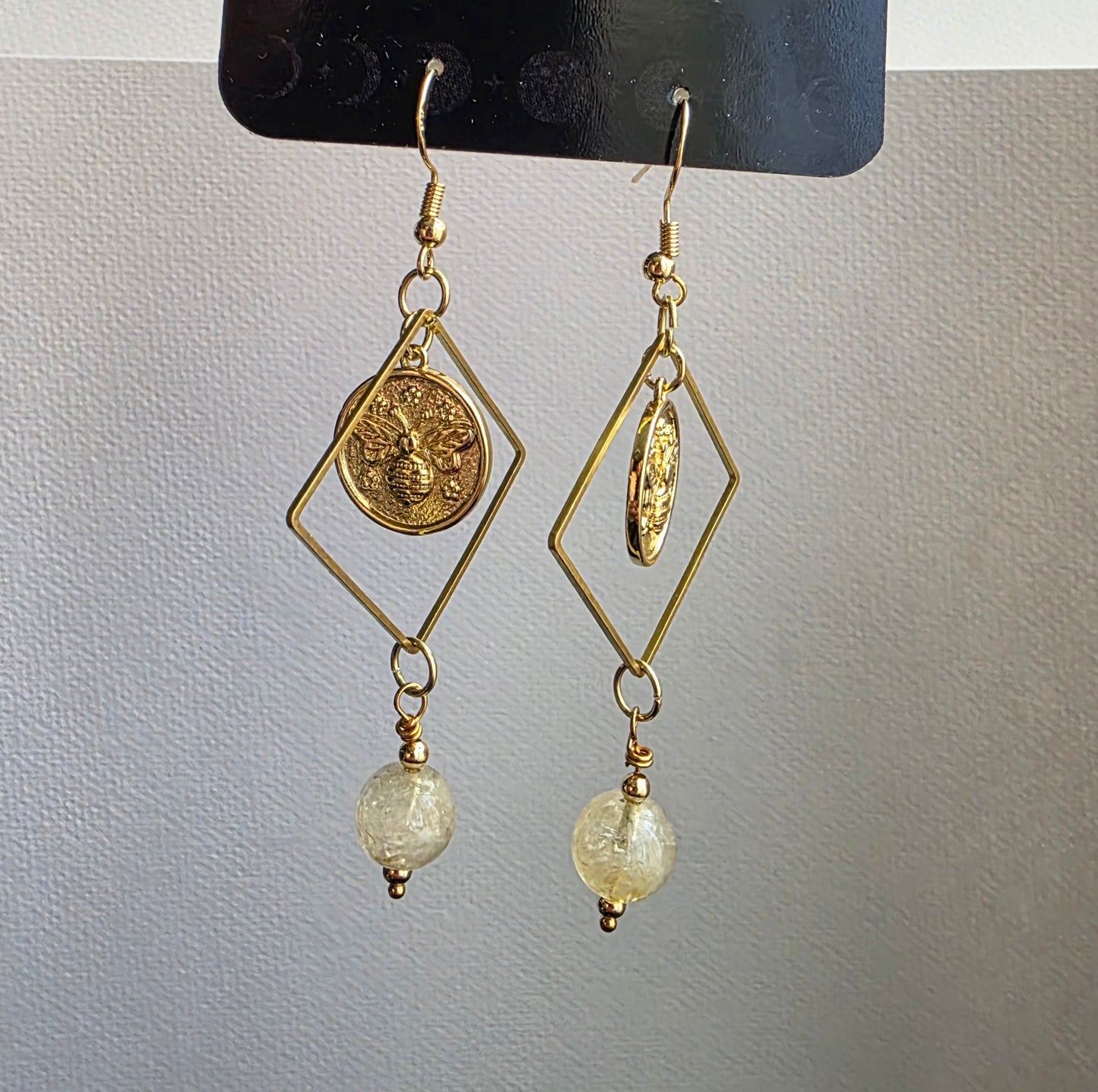 Citrine Bee Geometric Dangle Earrings — Gold