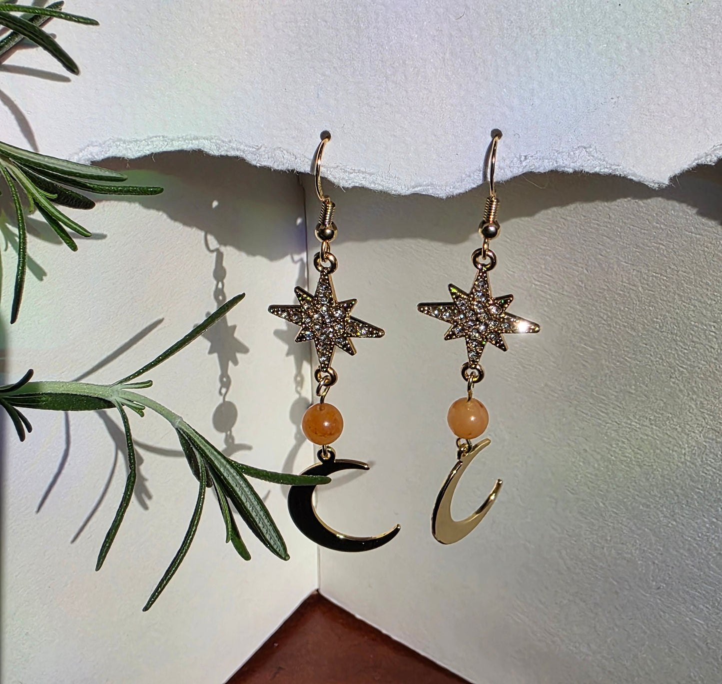Agate and Gold  Stars and Moon Charm  Earrings