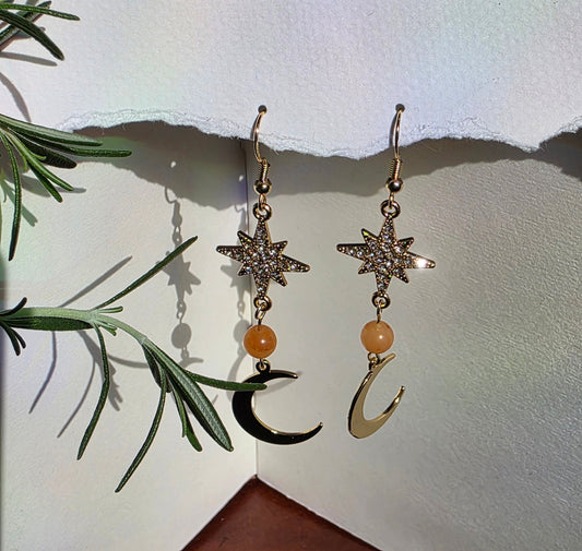 Agate and Gold  Stars and Moon Charm  Earrings