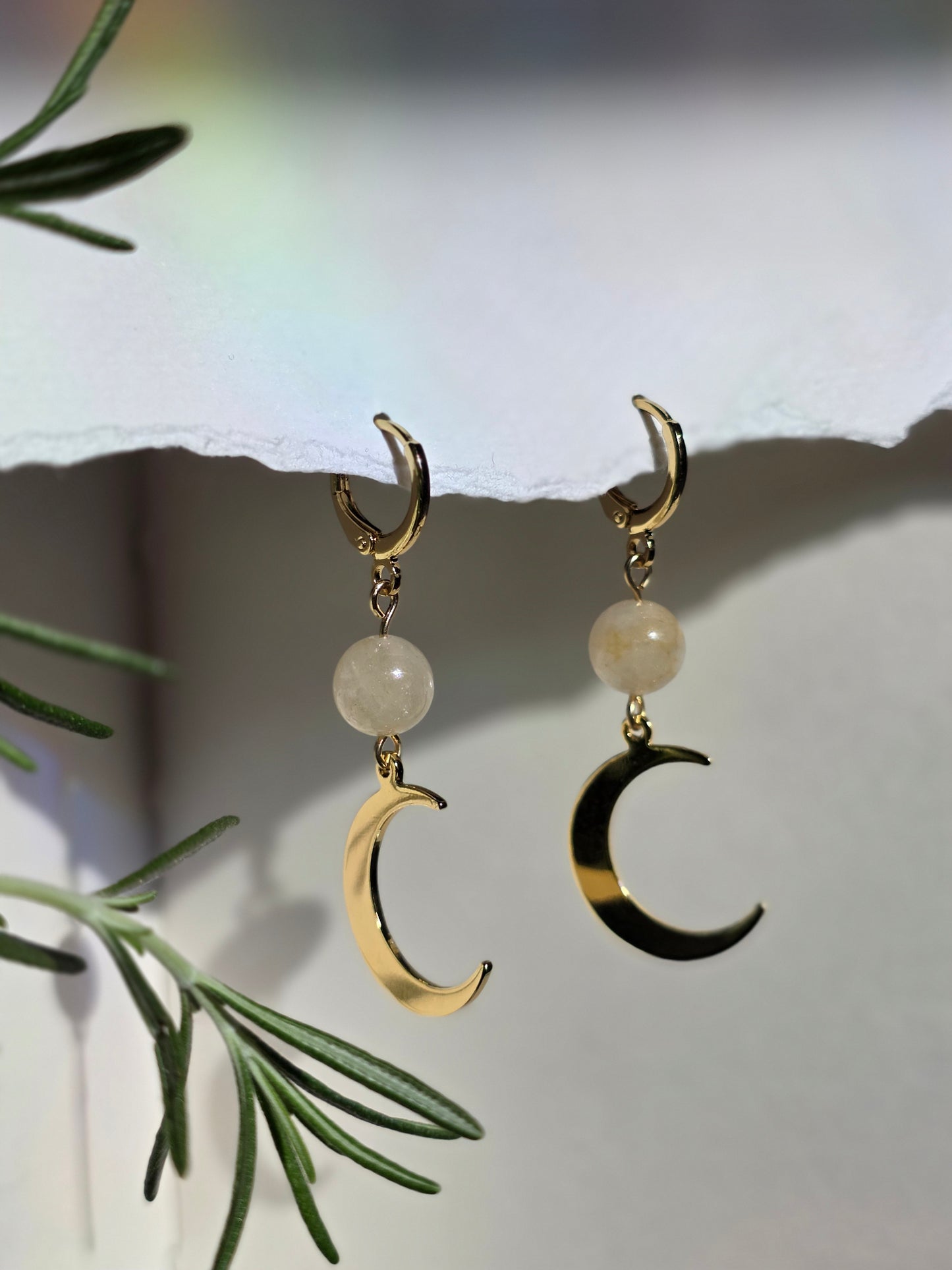 Agate and Gold Moon Charm  Earrings